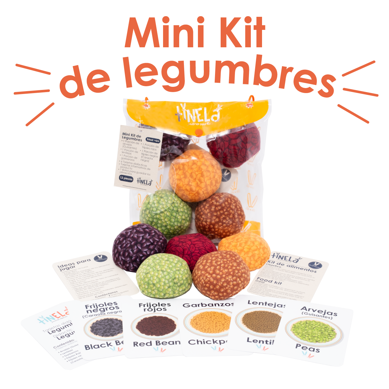 legumbres en tela, juguetes para niños: fríjoles rojos, fríjoles negros, garbanzos, lentejas y arvejas